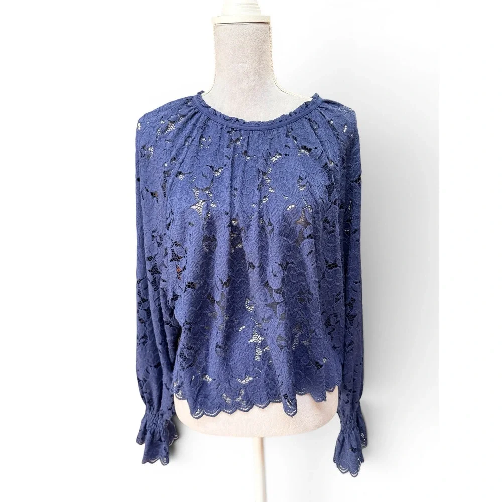 Free People Blouse Women S Navy Blue Lace Long Sleeve Smocked Cuff Scalloped Hem